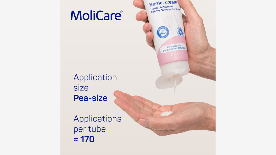 The MoliCare Skin Barrier cream lasts for an average of 170 applications per tube when following the suggested application size of a pea-sized amount