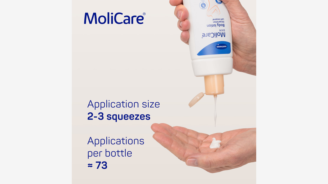MoliCare Skin Body lotion 250ml lasts for an average of 73 applications per bottle when following the suggested application size of 2-3 squeezes