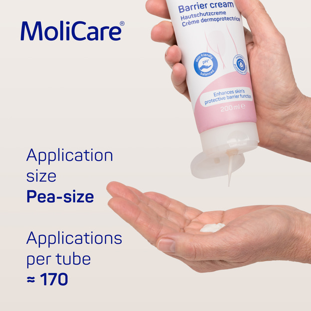 The MoliCare Skin Barrier cream lasts for an average of 170 applications per tube when following the suggested application size of a pea-sized amount