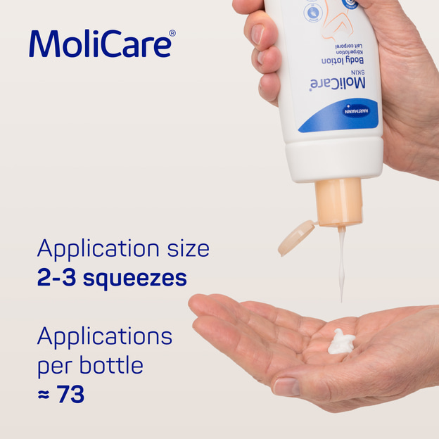 MoliCare Skin Body lotion 250ml lasts for an average of 73 applications per bottle when following the suggested application size of 2-3 squeezes